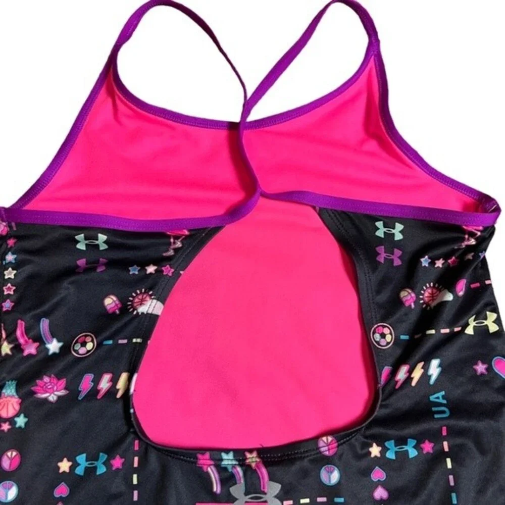 Under Armour One Piece Swimsuit Size 16 Black Hot Pink Modest Lined Graphic